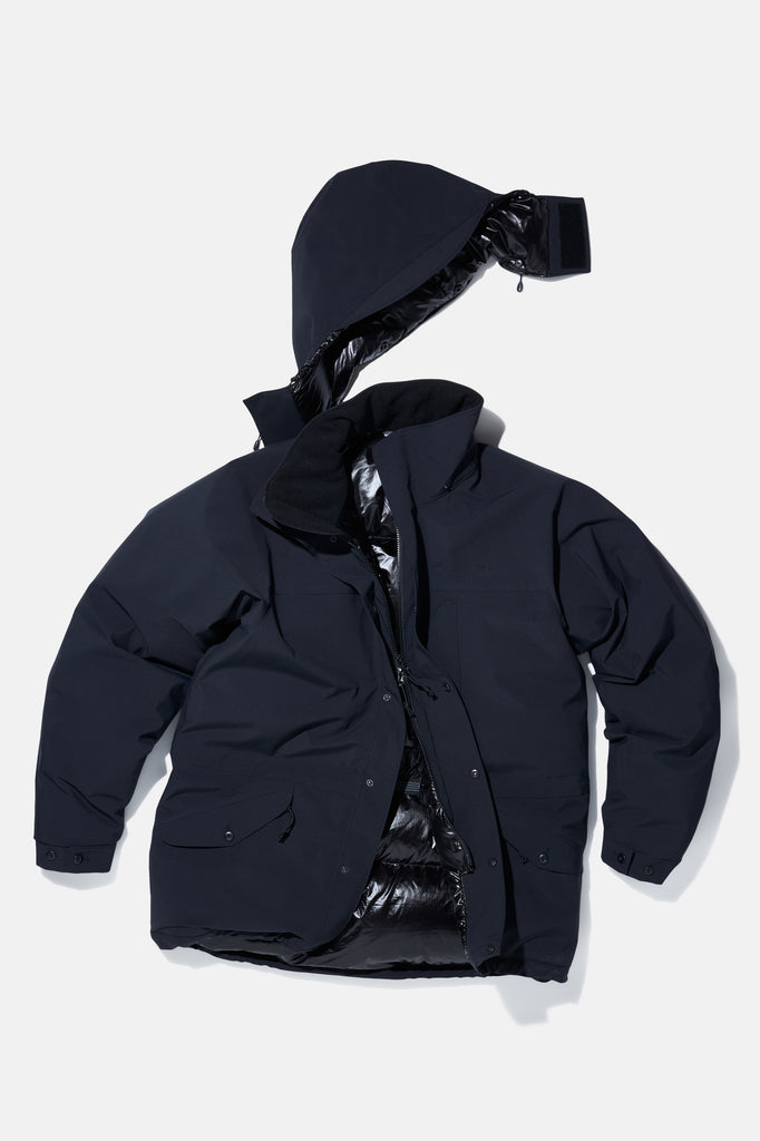 Flat Face Parka - Black — flat lay, alternate hood view