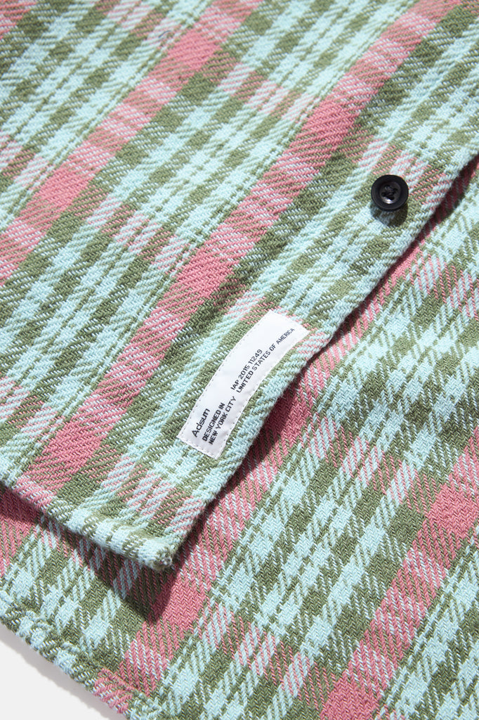Classic Plaid Work Shirt - Moss Brick Plaid — flat lay, detail