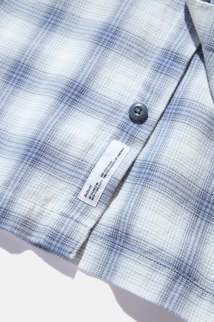 Flat Hem Work Shirt - Soft Blue Plaid — flat lay, detail